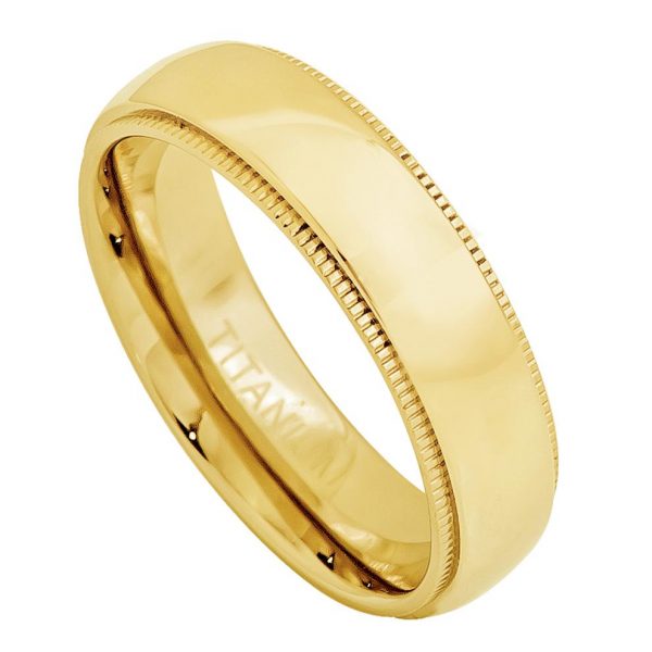 Yellow Gold Plated Domed Titanium Ring with Milgrain Womans